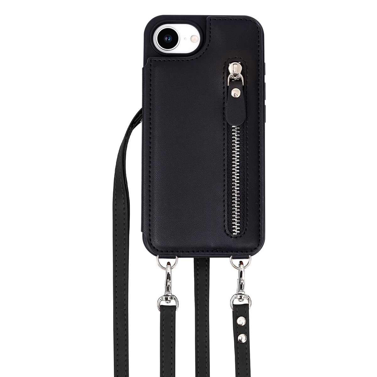 Coque iPhone 16e - Noir - Étui arrière de luxe avec cordon de téléphone et fermeture éclair
