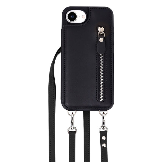 Apple iPhone 16e Hülle - Schwarz - Luxus-Backcover mit Handykette und Reißverschluss