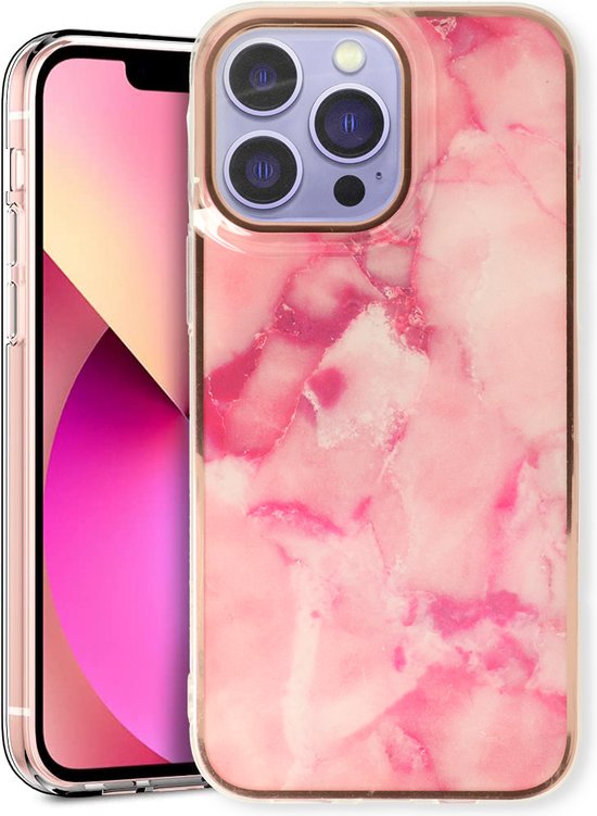 Apple iPhone 14 Pro Max Hoesje - Roze - Siliconen Marmer Back Cover