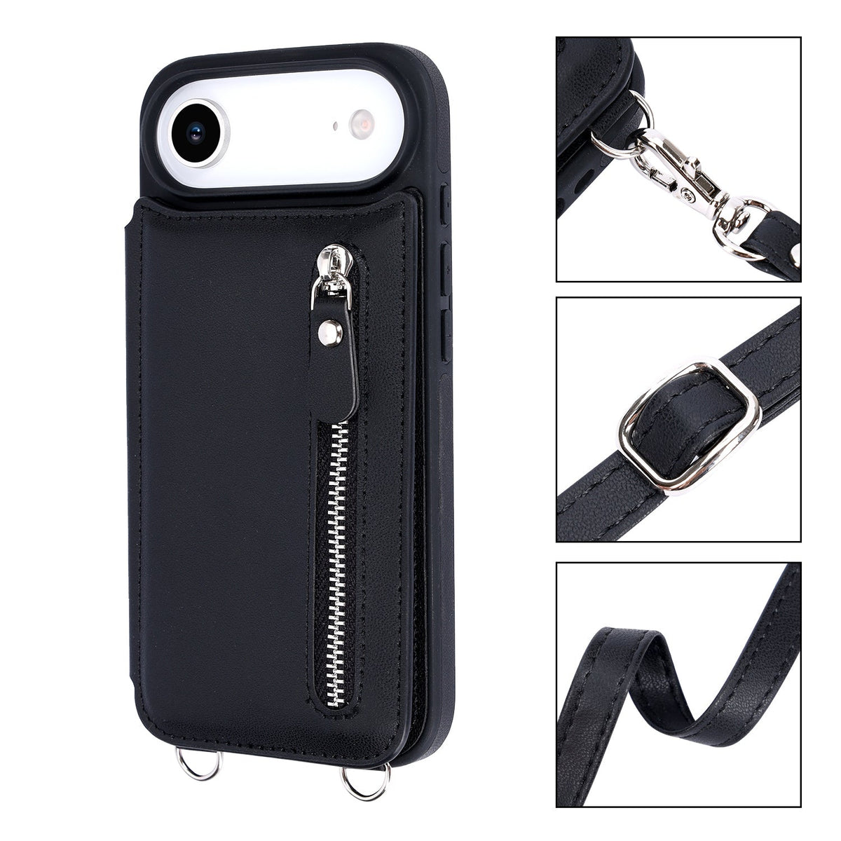 Apple iPhone Air Case - Black - Luxury Back Cover with Phone Strap and Zipper