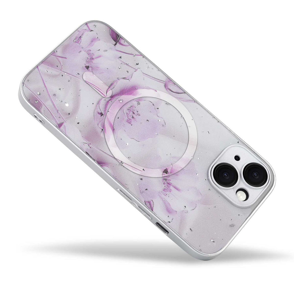 iPhone 13 Hoesje - Licht Roze - Bloemen Glitter MagSafe Back Cover