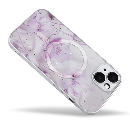 iPhone 13 Hoesje - Licht Roze - Bloemen Glitter MagSafe Back Cover