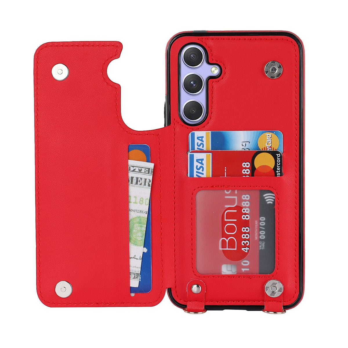 Samsung Galaxy A54 Case - Red - Luxury Back Cover with Phone Strap and Zipper