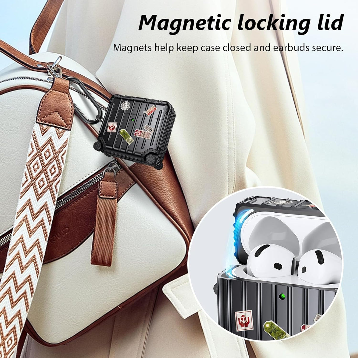 Étui pour Apple AirPods 4 - Valise Suit Case avec autocollants - Noir