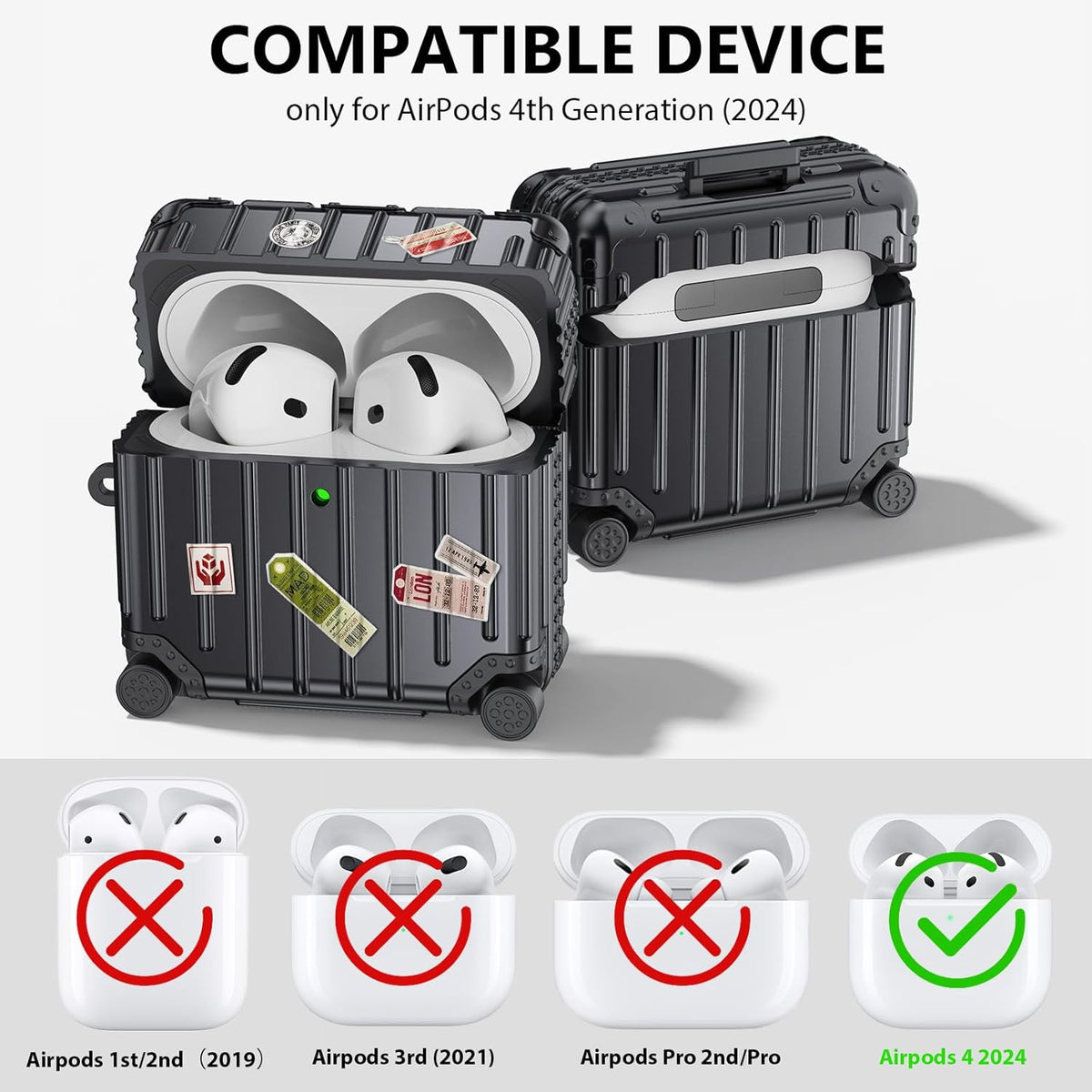 Étui pour Apple AirPods 4 - Valise Suit Case avec autocollants - Noir