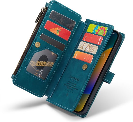 Apple iPhone 14 Pro Hülle - Emerald Green - Luxus Klapphülle mit Kartenfach, Reißverschluss und Handykette