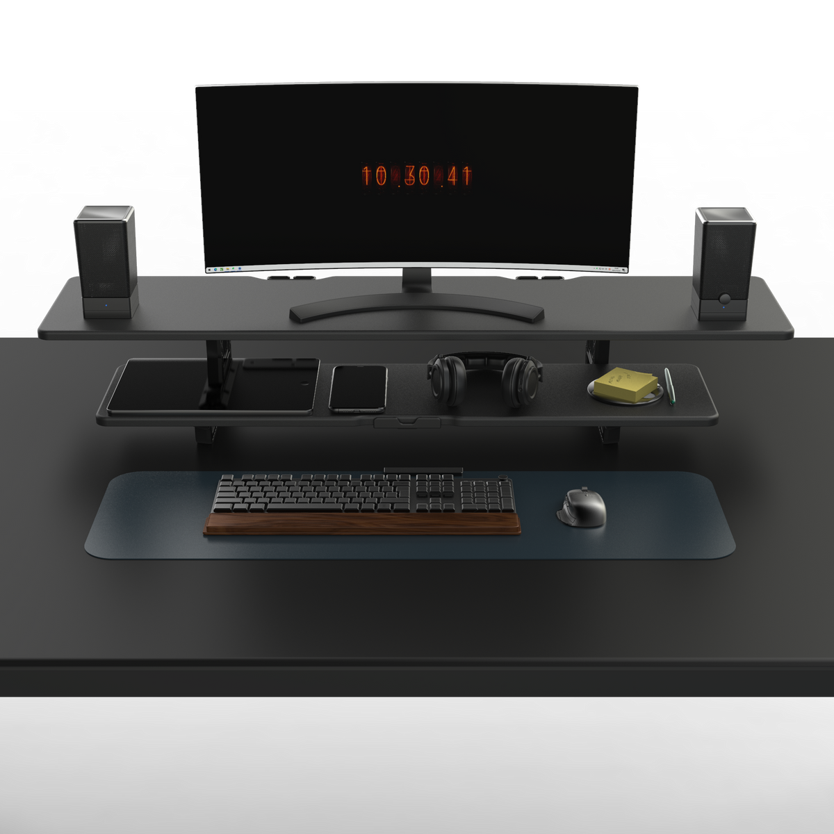 Casemania Monitorstandaard met Telefoonhouder - Zwart - Beeldscherm Verhoger voor 2 Monitoren - Tweelaags Monitor Standaard met Opbergplank - Extra Brede Bureauverhoger - Beeldschermstandaard - Bureau Organizer voor Thuiswerkplek en Kantoor