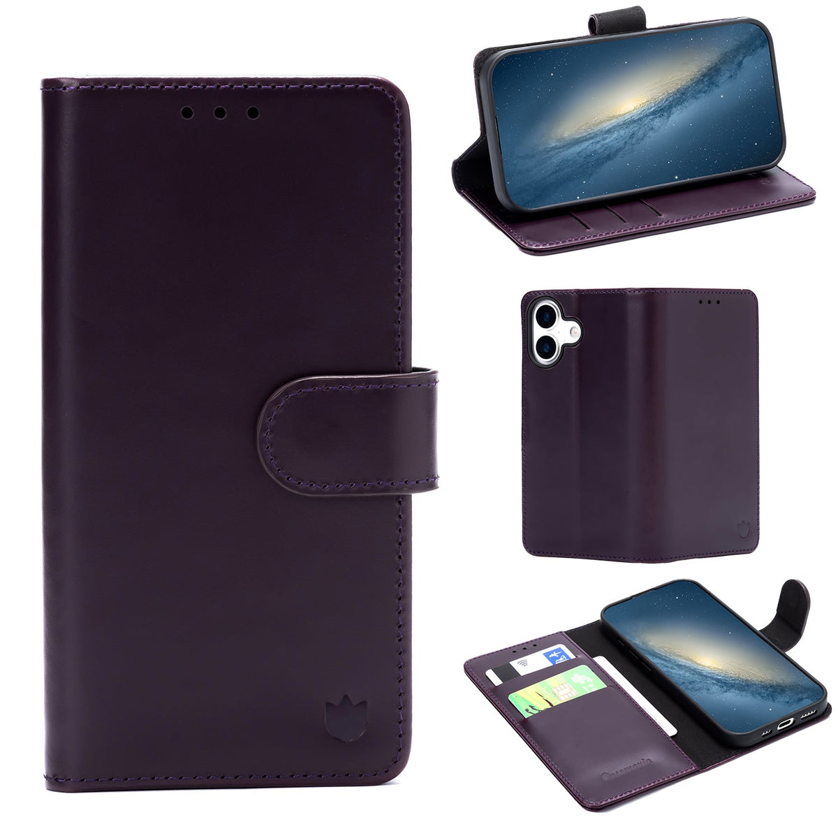 iPhone 17 Case - Dark Purple - Genuine Leather Wallet Case