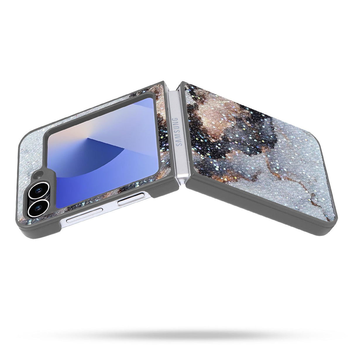 Samsung Galaxy Z Flip 6 Hoesje - Grijs - Diamant Marmer Glitter Back Cover