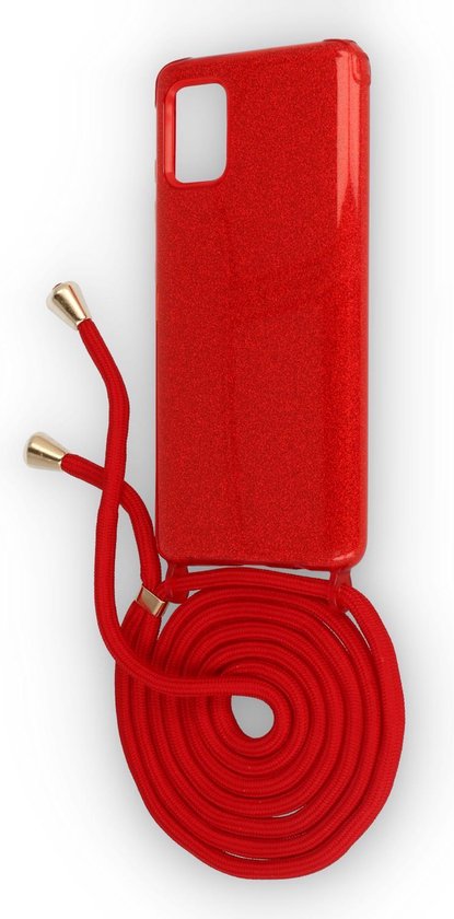 Samsung Galaxy A51 Hoesje - Rood - Glitter Back Cover met Telefoonkoord