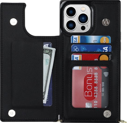 Apple iPhone 14 Pro Case - Black - Luxury Back Cover with Phone Strap and Zipper