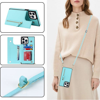 Apple iPhone 14 Pro Max Hoesje - Turquoise - Luxe Back Cover met Telefoonkoord en Rits