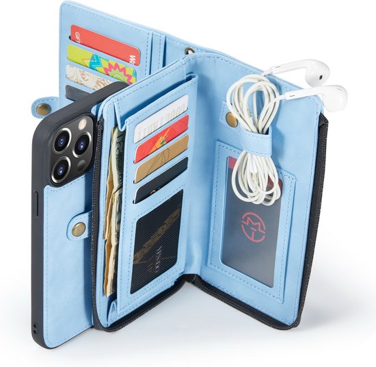 Apple iPhone 13 Pro Max Hoesje - Sky Blue - Luxe 2 in 1 Bookcase met 10 Kaart Vakken en Polskoord