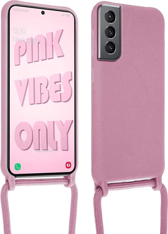 Samsung Galaxy S21 Case - Pink - Silicone Back Cover with Phone Strap