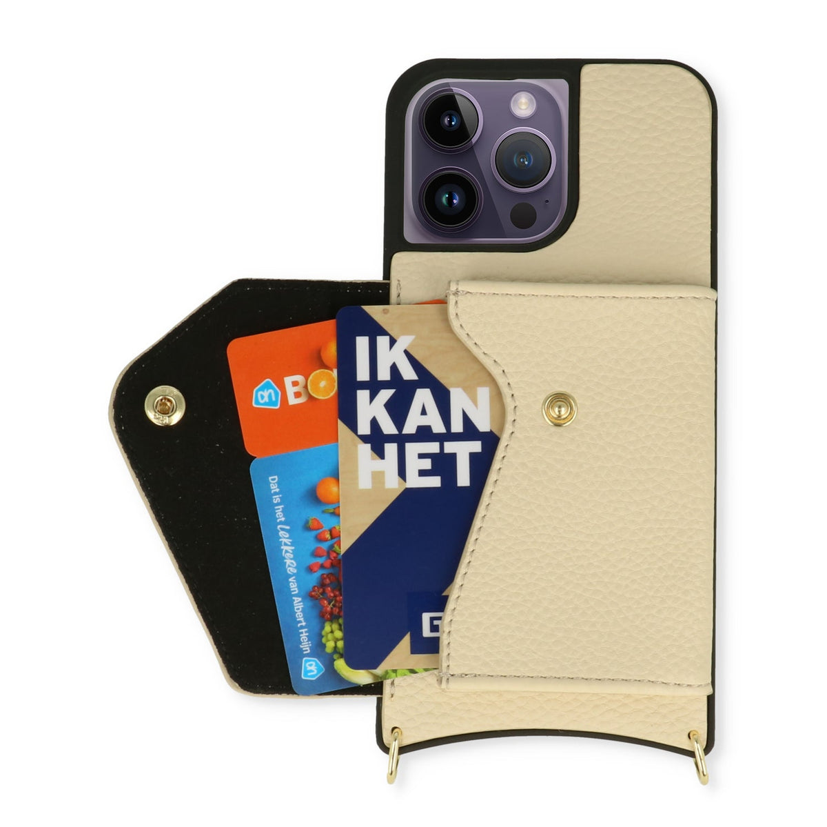 Apple iPhone 13 Pro Hoesje - Beige - Luxe Back Cover met Telefoonkoord en Rits