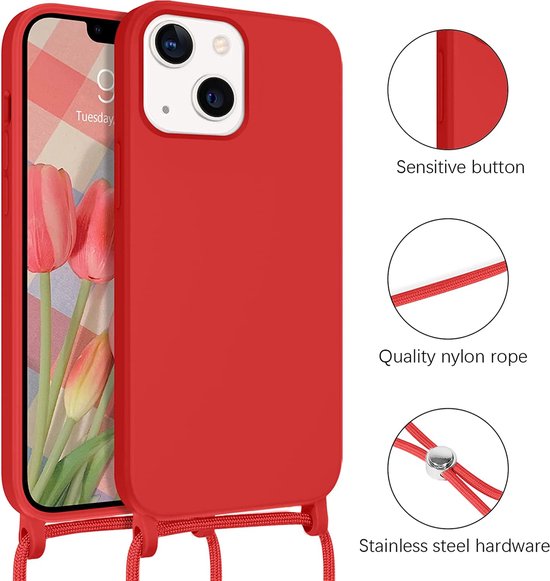 Apple iPhone 14 Plus Hoesje - Rood - Siliconen Back Cover met Telefoonkoord