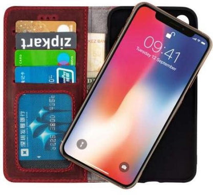 Apple iPhone Xs Max Hülle - Rot - Echtleder-Klapphülle mit Kartenfach
