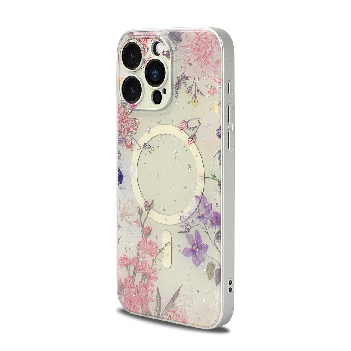 Apple iPhone 15 Pro Max Case - Pink - Floral Glitter MagSafe Back Cover