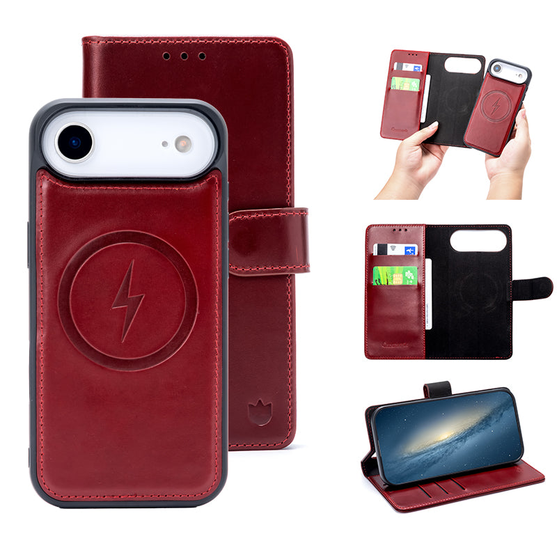 Apple iPhone Air Hoesje - Maroon Red - Echt Leren MagSafe Bookcase
