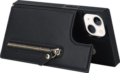 Apple iPhone 14 Case - Black - Luxury Back Cover with Phone Strap and Zipper
