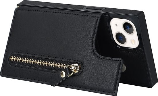 Apple iPhone 15 Hoesje - Zwart - Luxe Back Cover met Telefoonkoord en Rits