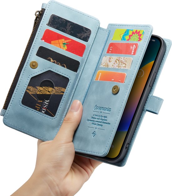 Apple iPhone 14 Pro Max Hoesje - Aqua Blue - Luxe Bookcase met Rits en Telefoonkoord