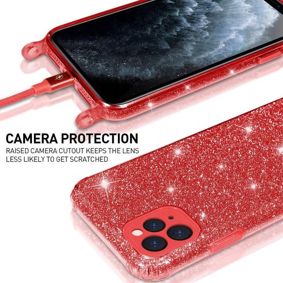 Samsung Galaxy A51 Hoesje - Rood - Glitter Back Cover met Telefoonkoord