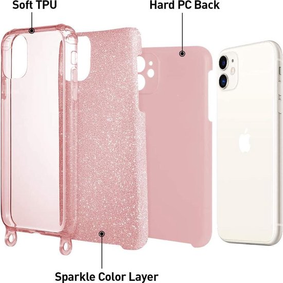 Samsung Galaxy S21 Ultra Hoesje - Roze - Glitter Back Cover met Telefoonkoord