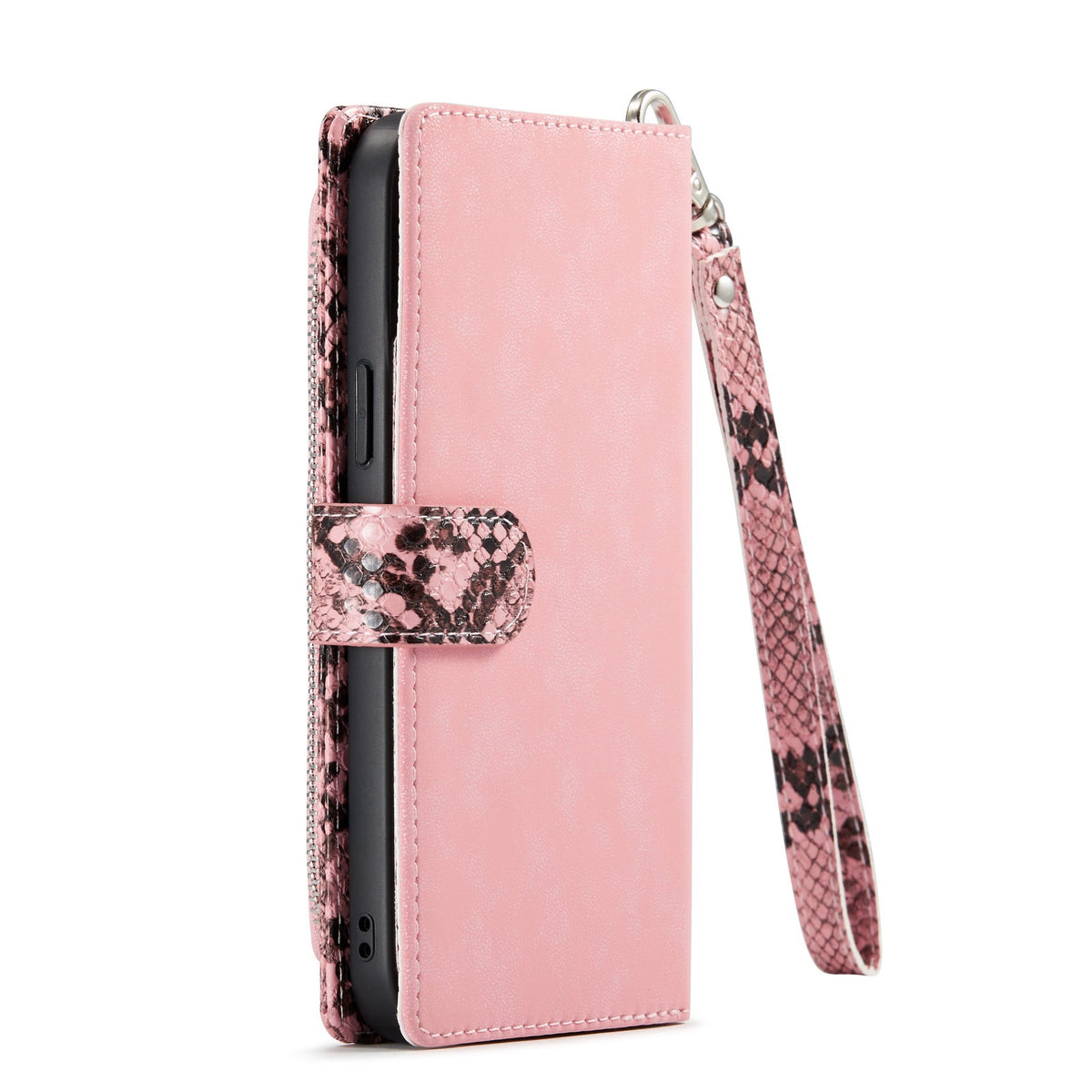 Apple iPhone 13 Pro Max Case - Pink - Luxury Snake Print Wallet Case with Zip and Card Holder