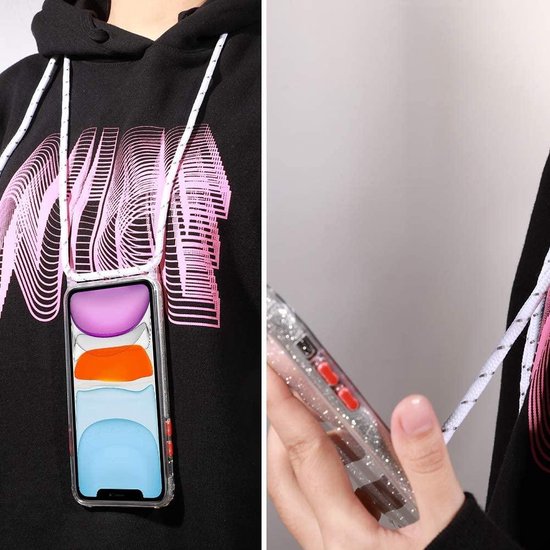 Samsung Galaxy S21 Plus Hoesje - Zilver - Glitter Back Cover met Telefoonkoord