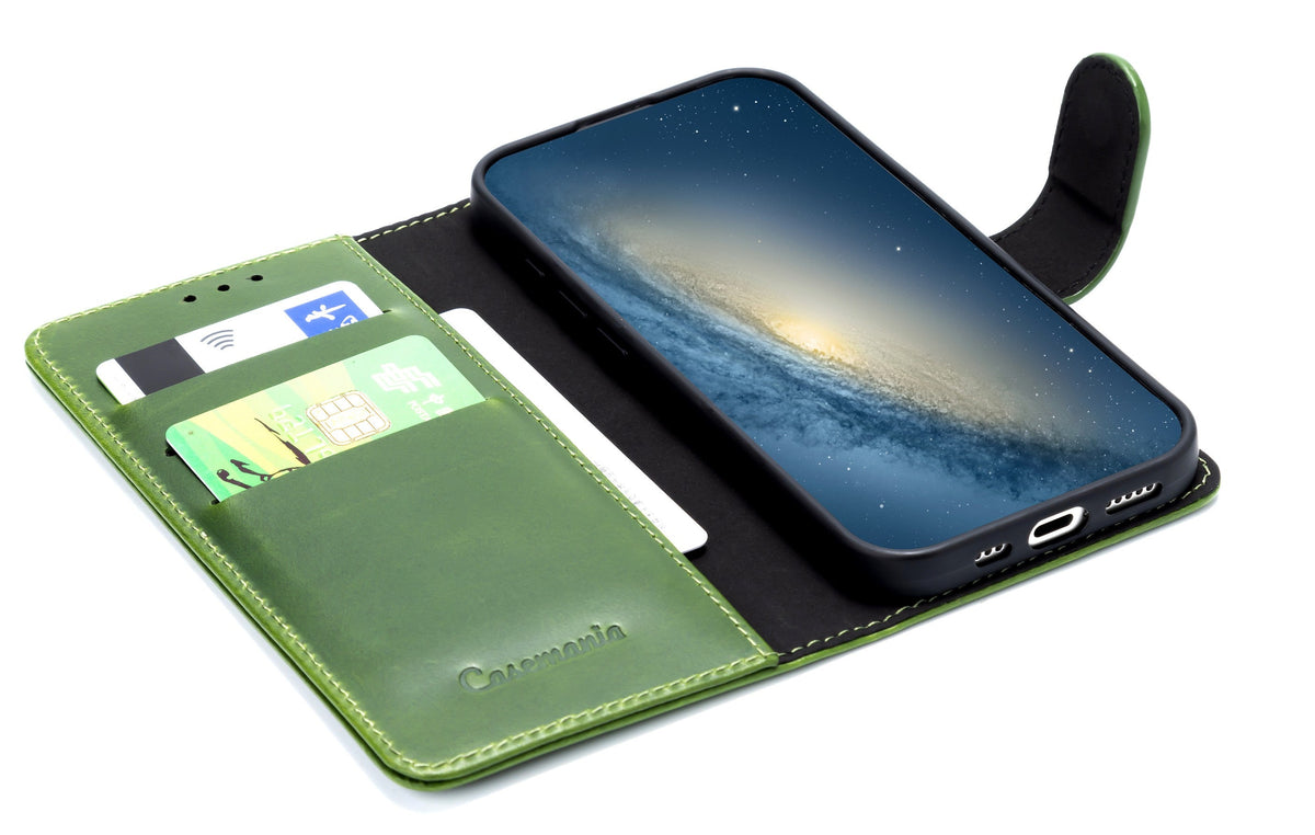 Apple iPhone 17e Hülle - Olive Green - Echtleder-Klapphülle mit Kartenfach