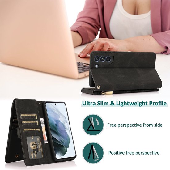 Samsung Galaxy S22 Plus Hoesje - Zwart - Extra Stevige Luxe Bookcase met Rits en Vakken