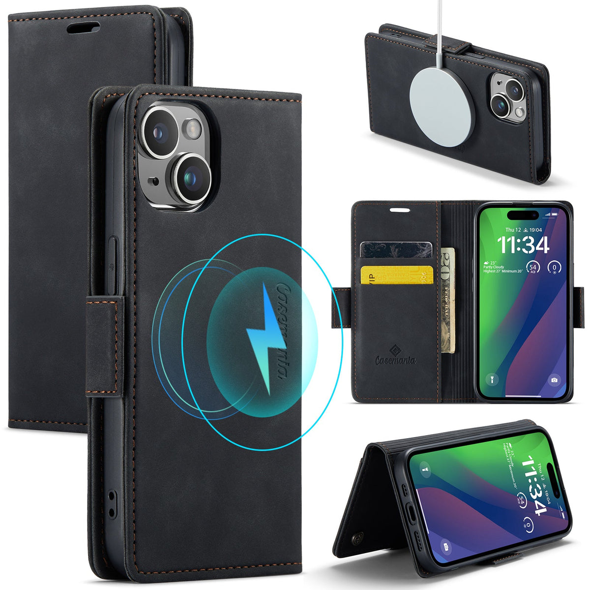 Apple iPhone 15 Plus Hülle - Charcoal Gray - Portemonnaie-MagSafe-Klapphülle mit Kartenfach