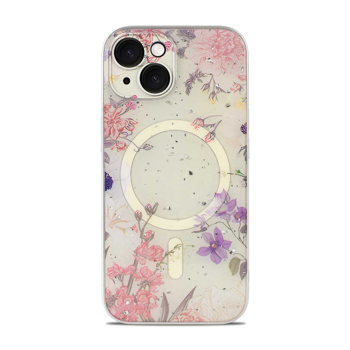 Apple iPhone 14 Hoesje - Roze - Bloemen Glitter MagSafe Back Cover