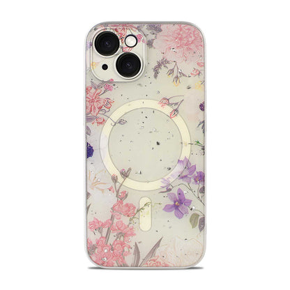 Apple iPhone 14 Hoesje - Roze - Bloemen Glitter MagSafe Back Cover