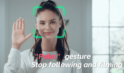 Woman demonstrating &quot;Palm&quot; gesture for stopping filming with AI technology.