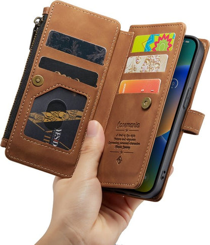 Apple iPhone 14 Hoesje - Sienna Brown - Luxe Bookcase met Rits en Telefoonkoord