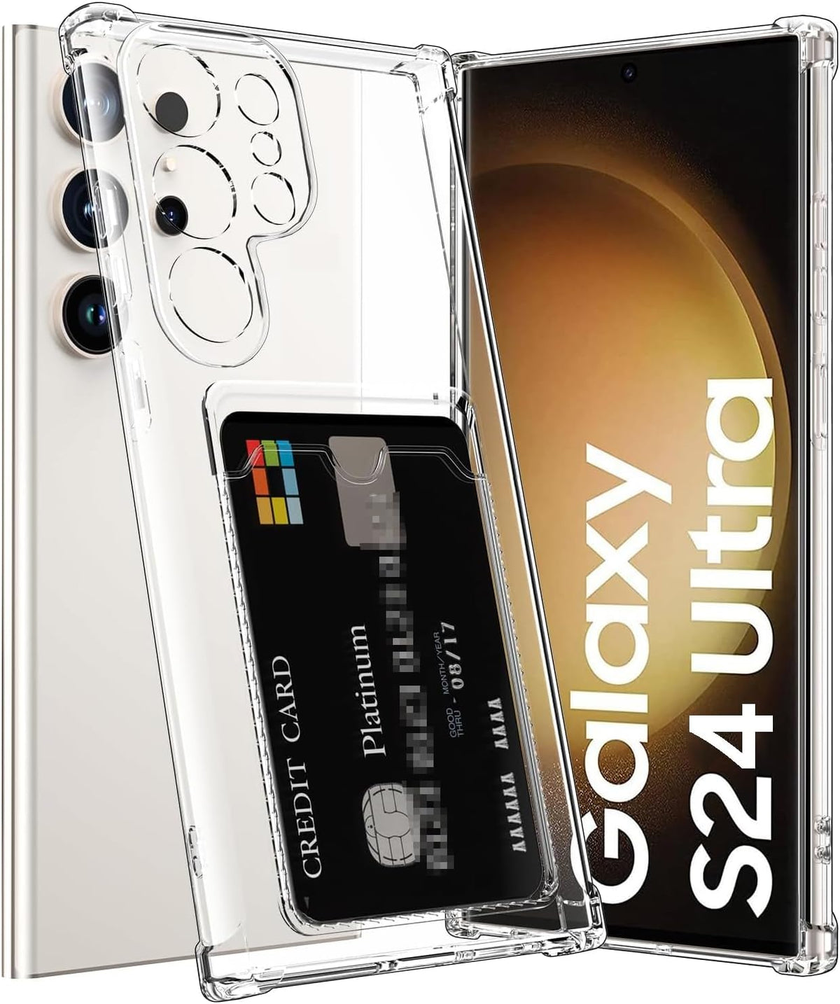 Samsung Galaxy S24 Ultra Case - Clear with Card Holder - Shockproof Back Cover with Card Holder