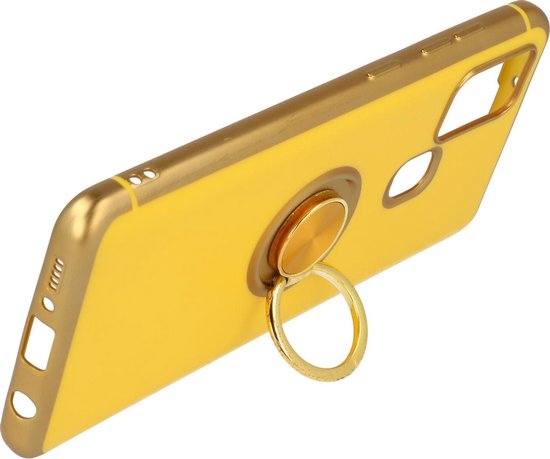 Samsung Galaxy A21s Hoesje - Geel - Siliconen Ring Kickstand Back Cover