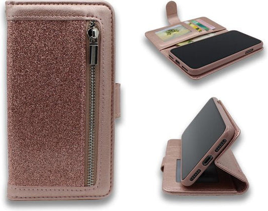 Samsung Galaxy S20 Plus Hoesje - Rosegoud - Glitter Luxe Bookcase met Rits