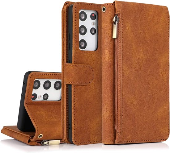 Samsung Galaxy S22 Ultra Hoesje - Bruin - Extra Stevige Luxe Bookcase met Rits en Vakken