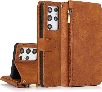 Samsung Galaxy S22 Ultra Hoesje - Bruin - Extra Stevige Luxe Bookcase met Rits en Vakken