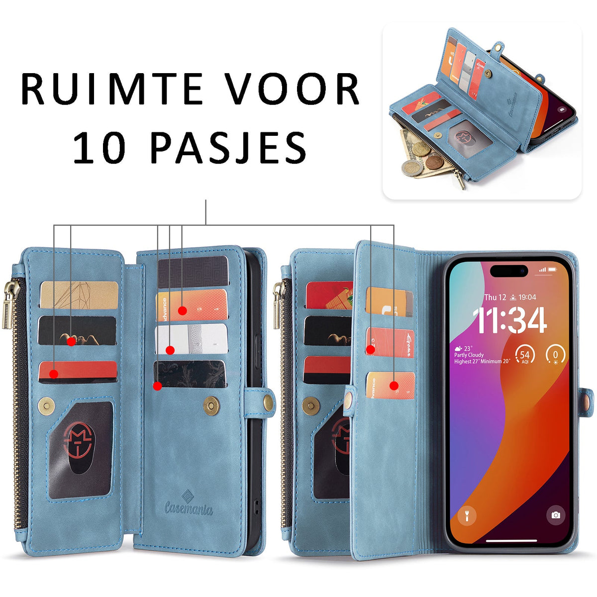 Apple iPhone 15 Plus Hoesje - Aqua Blue - Luxe MagSafe Bookcase met Rits en Telefoonkoord