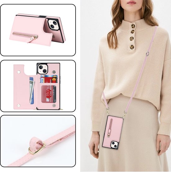 Apple iPhone 15 Hoesje - Roze - Luxe Back Cover met Telefoonkoord en Rits