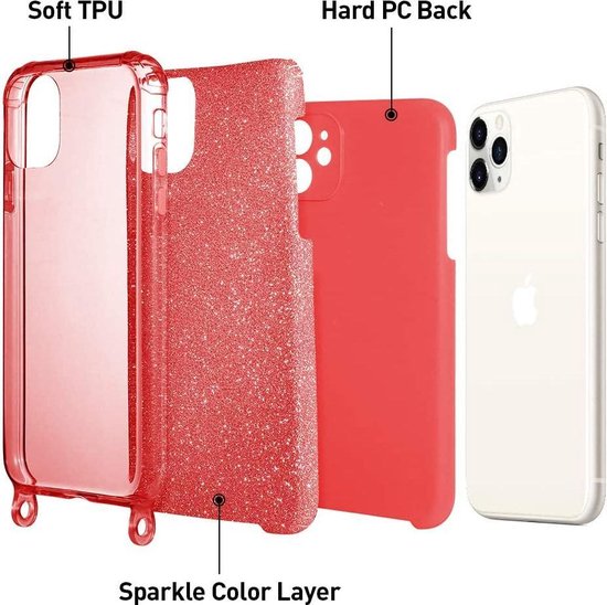 Apple iPhone 12 Case - Red - Glitter Back Cover with Phone Strap