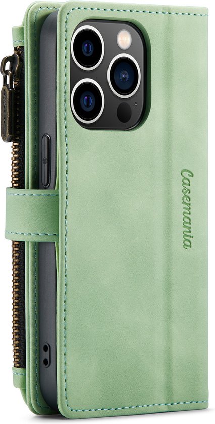 Apple iPhone 14 Pro Case - Pistache Green - Luxury Wallet Case with Zipper and Phone Strap