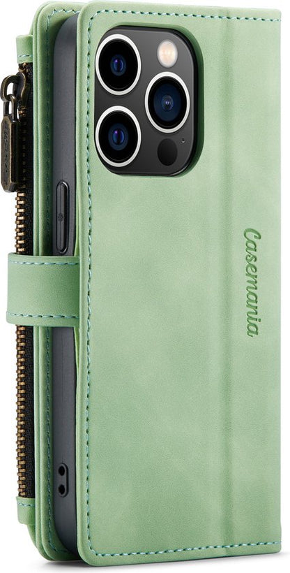 Apple iPhone 14 Pro Case - Pistache Green - Luxury Wallet Case with Zipper and Phone Strap