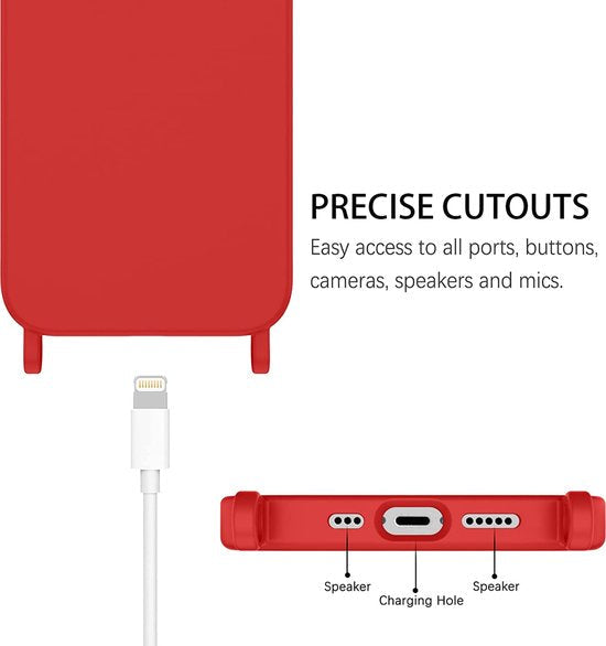 Apple iPhone 14 Plus Hoesje - Rood - Siliconen Back Cover met Telefoonkoord