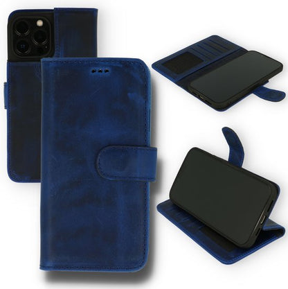 Apple iPhone 13 Pro Max Hülle - Blau - Echtleder-Klapphülle mit Kartenfach