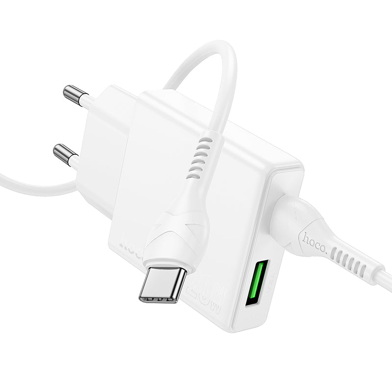 Hoco 20W Schnellladegerät 2-Port USB-C + USB-A mit USB-C-Kabel 1m - Weiß